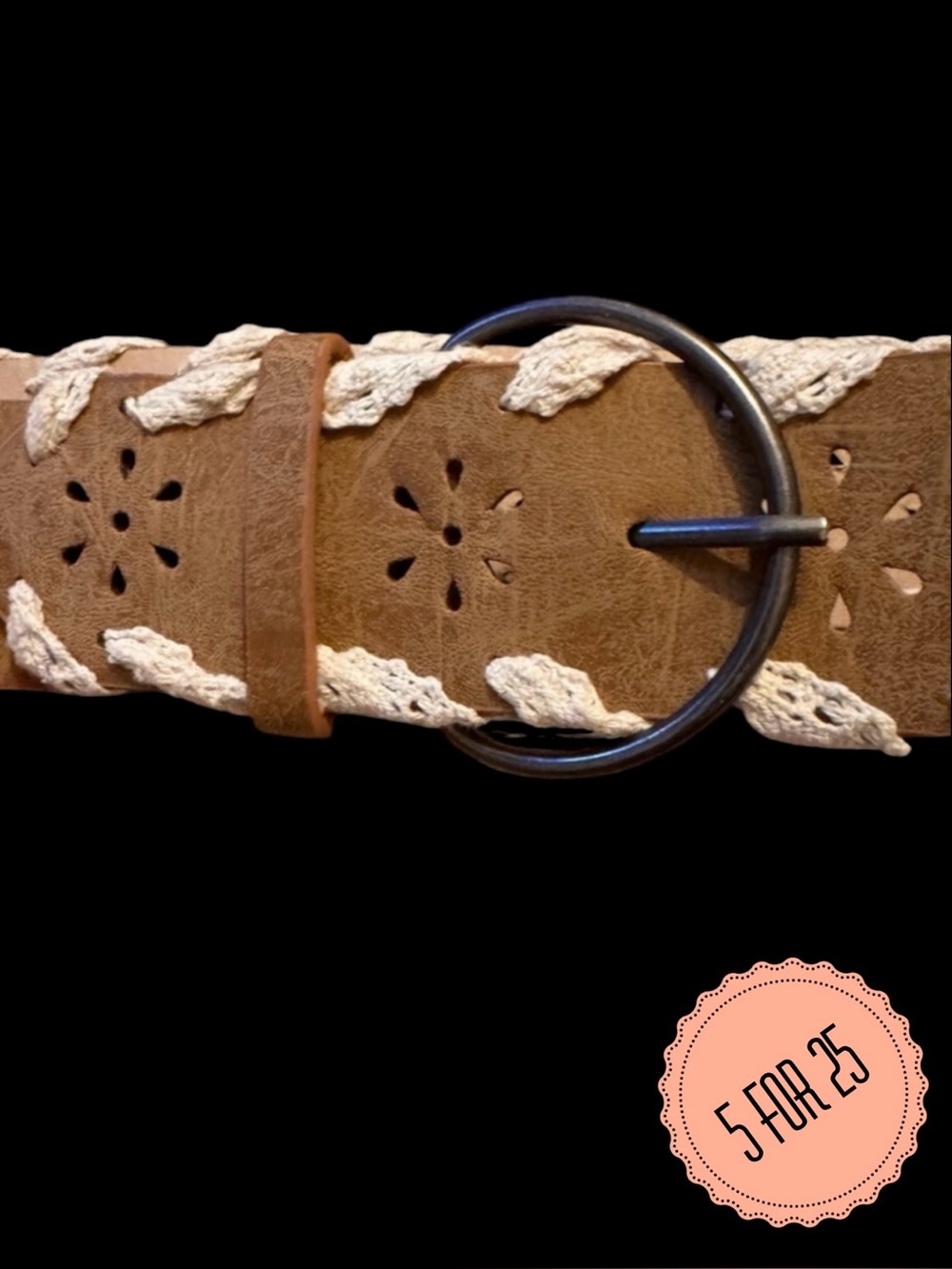 Boho Faux Suede Wide Belt – Floral Cutout + Crochet Lacing (Size 12P)